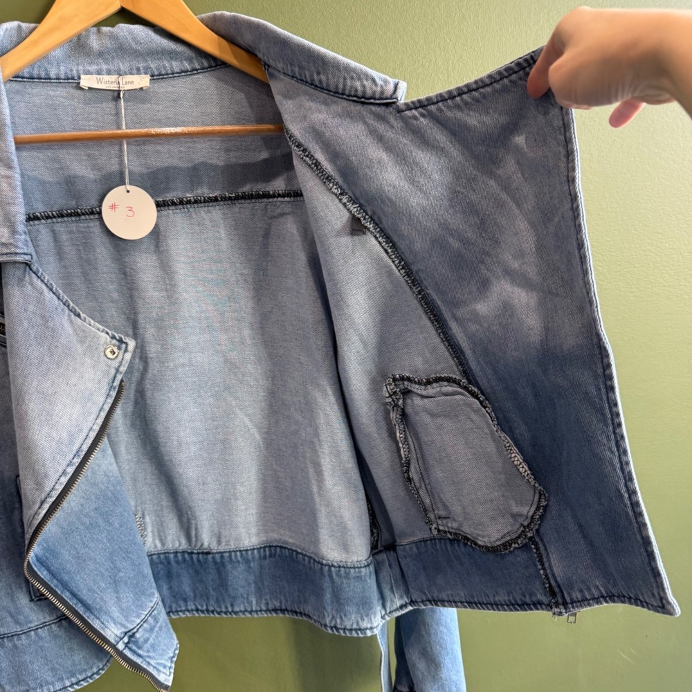 Wisteria Lane Stretch Denim Moto Jacket Zipper Belted NWT $78 X-Large‎ Jean #3 - Picture 3 of 15